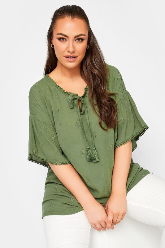 YOURS Curve Plus Size Khaki Green Tie Neck Embroidered Top | Yours Clothing  5