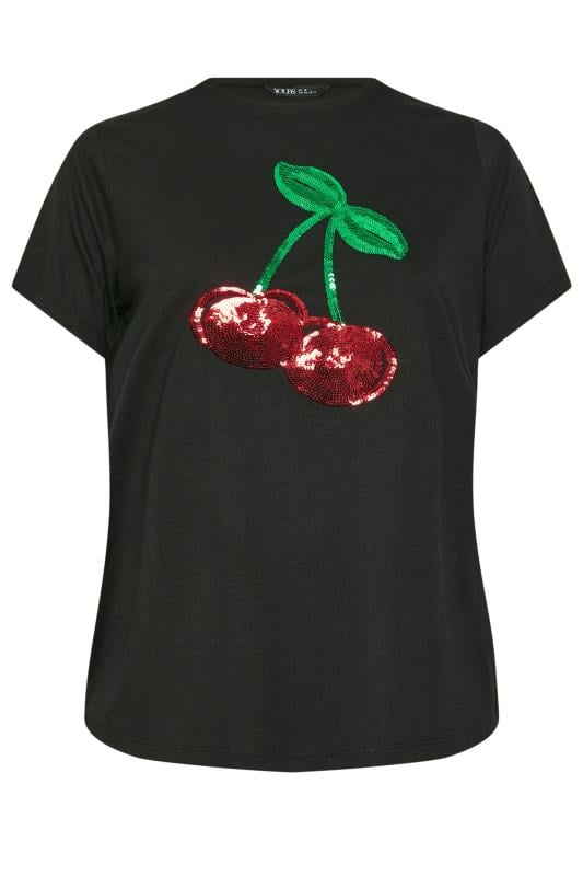 YOURS Plus Size Black Sequin Cherry T-Shirt | Yours Clothing 5