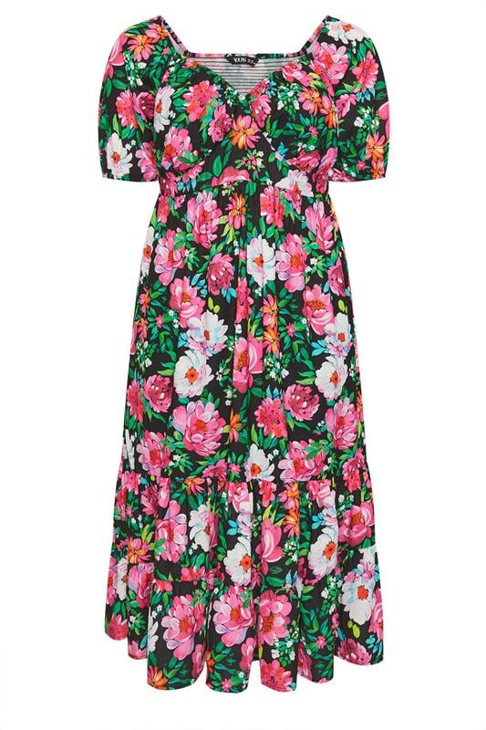 YOURS Plus Size Black Floral Milkmaid Midi Dress | Yours Clothing 6