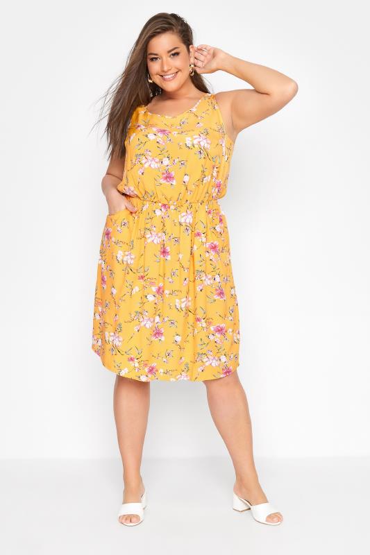 Großen Größen  Curve Yellow Floral Pocket Dress