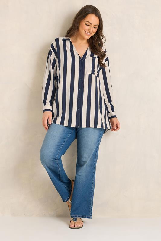 EVANS Plus Size Navy Blue & Cream Striped Shirt | Evans 1