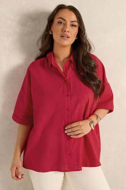  EVANS Curve Red Cotton Boxy Collard Shirt