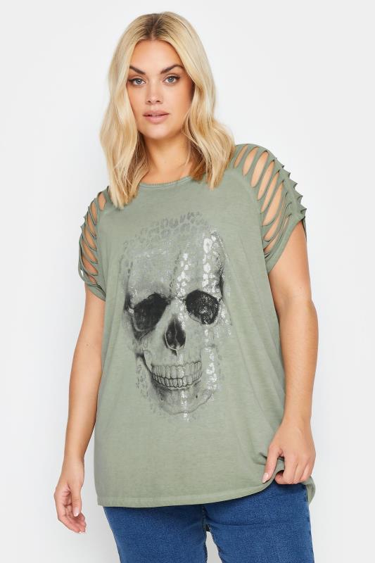 YOURS Plus Size Green Foil Skull Print T-Shirt | Yours Clothing 1