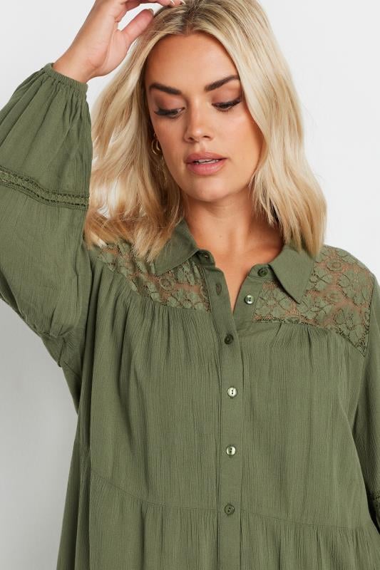 YOURS Plus Size Khaki Green Tiered Lace Shirt | Yours Clothing  4