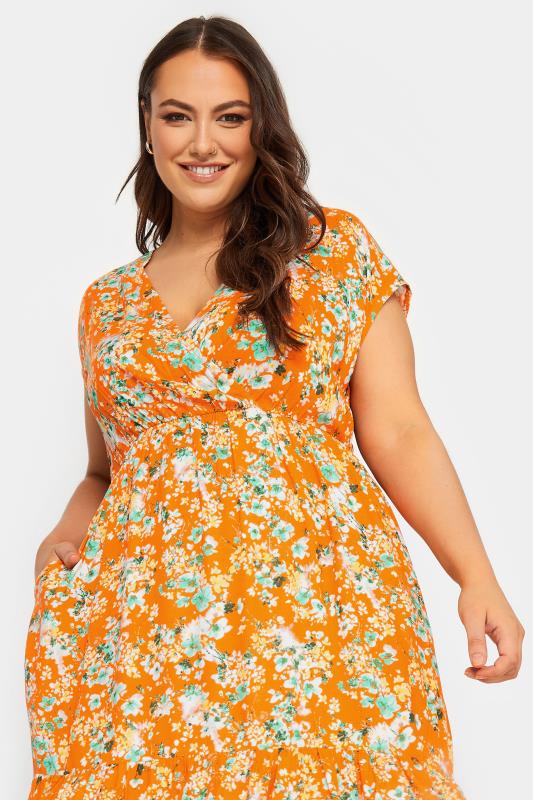 YOURS Plus Size Orange Floral Print High Low Wrap Dress | Yours Clothing 4