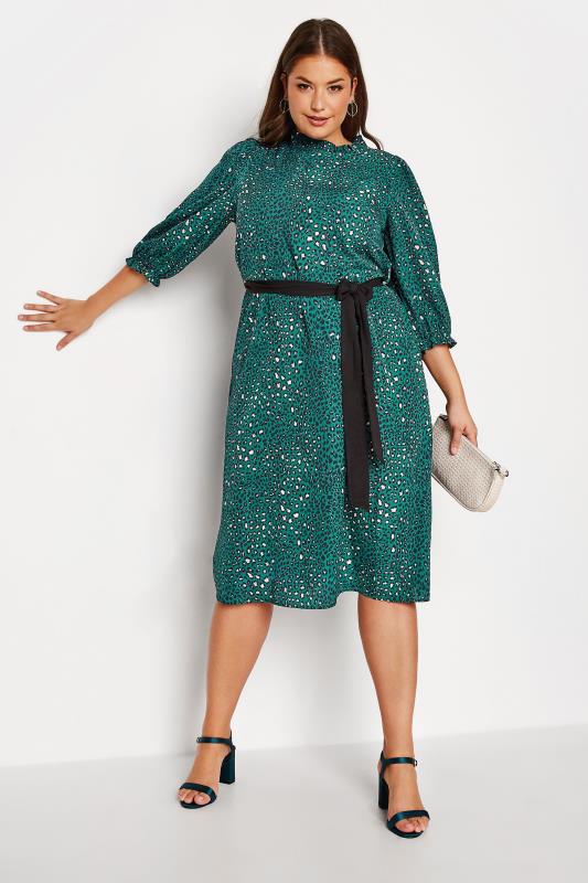 YOURS LONDON Plus Size Green Animal Print Ruffle Neck Dress | Yours Clothing 2
