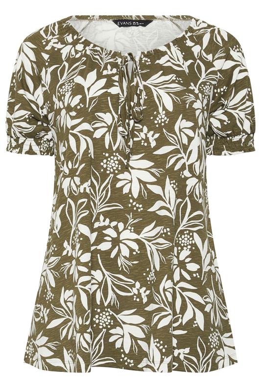 EVANS Plus Size Green Khaki Leaf Print Cotton Top | Evans 5