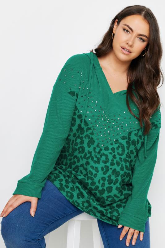  Grande Taille YOURS Curve Green Leopard Print Embellished Hoodie
