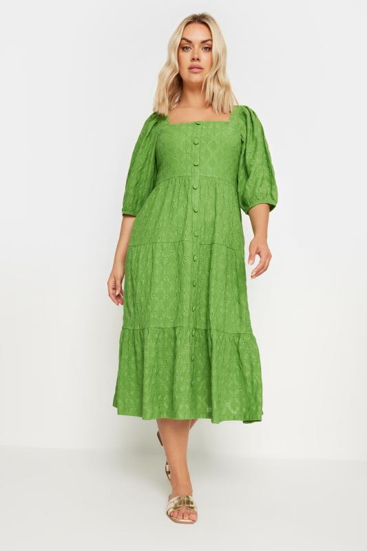 YOURS Plus Size Green Broderie Anglaise Button Front Dress | Yours Clothing 1