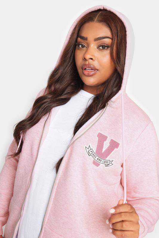 YOURS Curve Pink Embroidered Zip Through Marl Hoodie | Yours Clothing 4