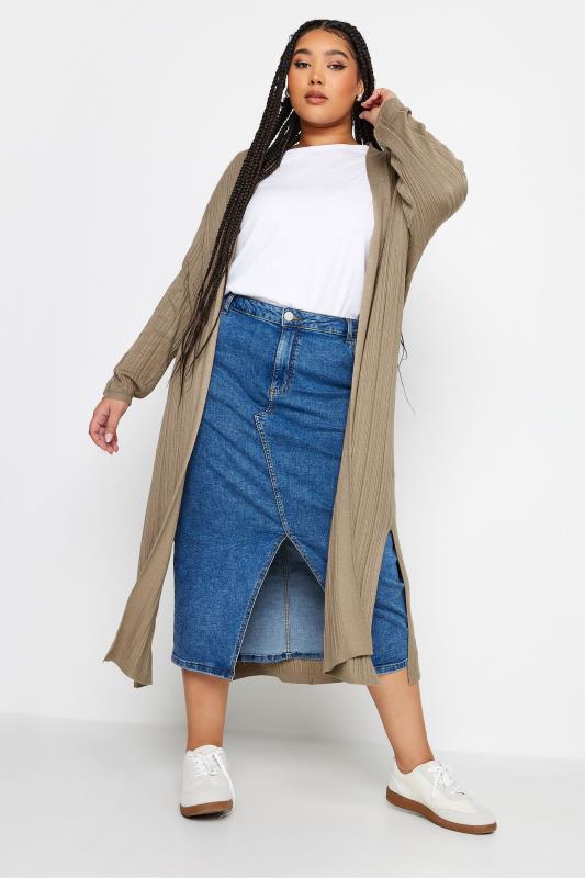  Grande Taille YOURS Curve Beige Brown Longline Ribbed Cardigan