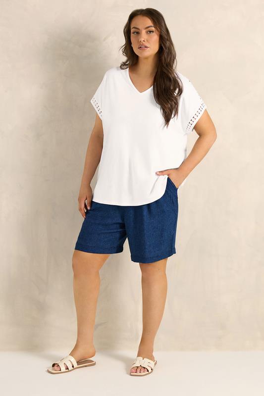 EVANS Plus Size White Crochet Trim Cotton V Neck T-Shirt | Evans 1