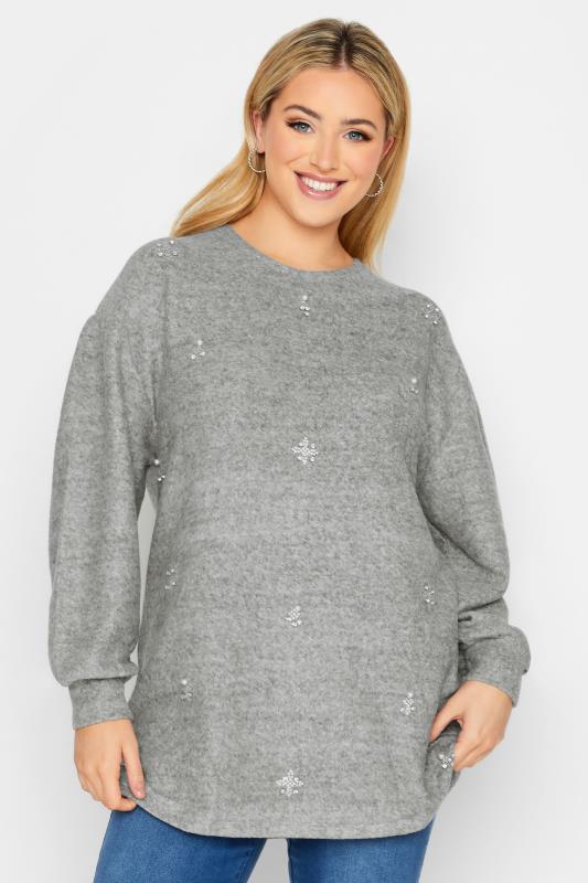 YOURS LUXURY Curve Grey Pearl & Stud Embellished Soft Touch Puff Sleeve Top | Yours Clothing 1