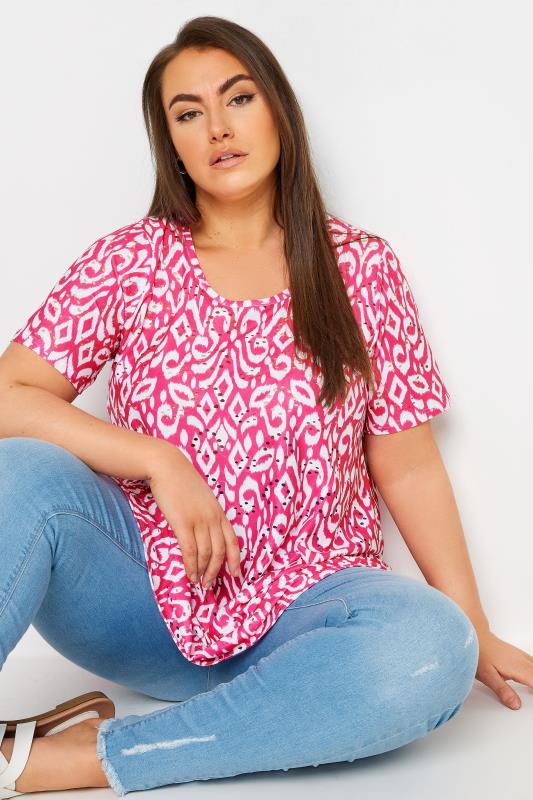 YOURS Plus Size Pink Ikat Print Broderie Anglaise Swing T-Shirt | Yours Clothing 1
