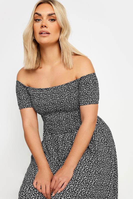 YOURS Plus Size Black Ditsy Floral Print Bardot Midaxi Dress | Yours Clothing 5