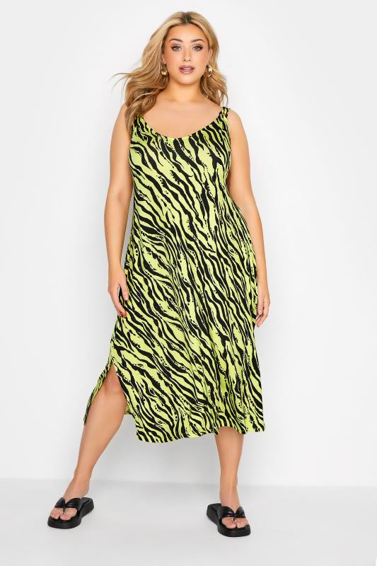 Plus Size  Curve Lime Green Zebra Print Side Split Midi Beach Dress