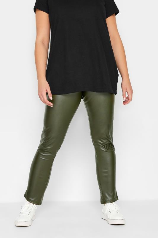 Plus Size  YOURS PETITE Curve Khaki Green Stretch Leather Look Leggings