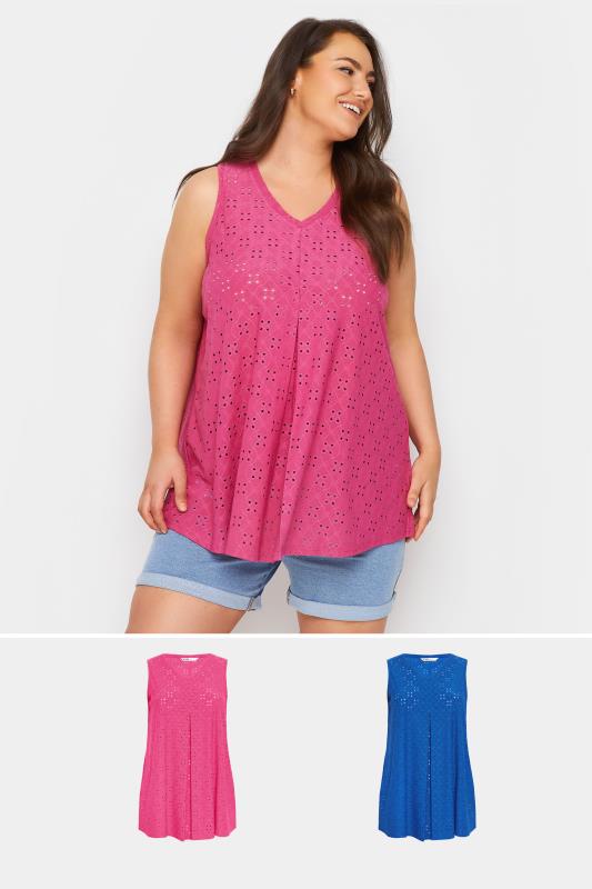 2 PACK Blue & Pink Broderie Anglaise Swing Vest Tops | Yours Clothing 1