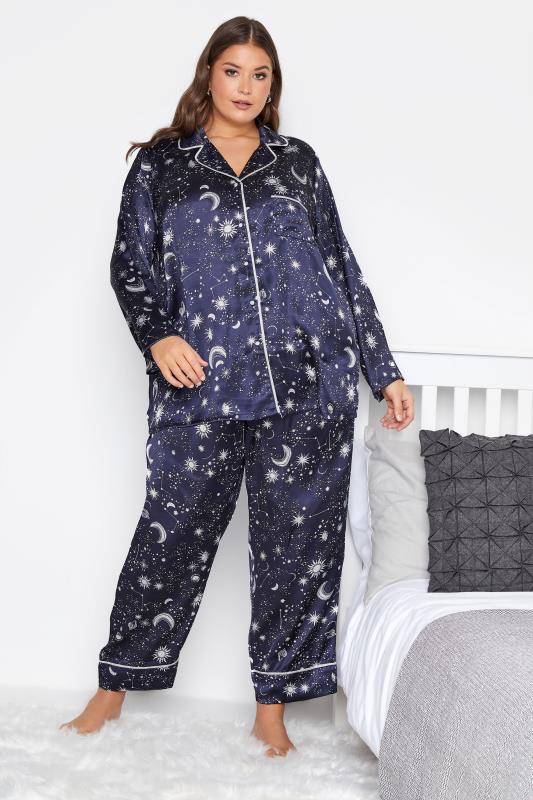 Plus Size  Curve Navy Blue Cosmic Print Satin Pyjama Set