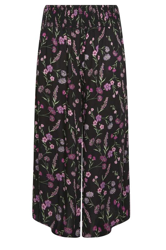 YOURS Plus Size Black Floral Print Shirred Waist Wide Leg Trousers | Yours Clothing 6