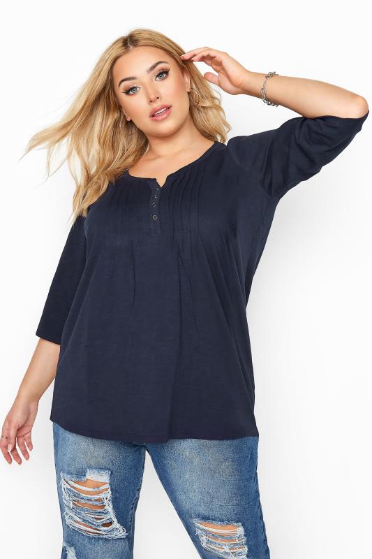 YOURS FOR GOOD Curve Navy Blue Pintuck Henley Top 1
