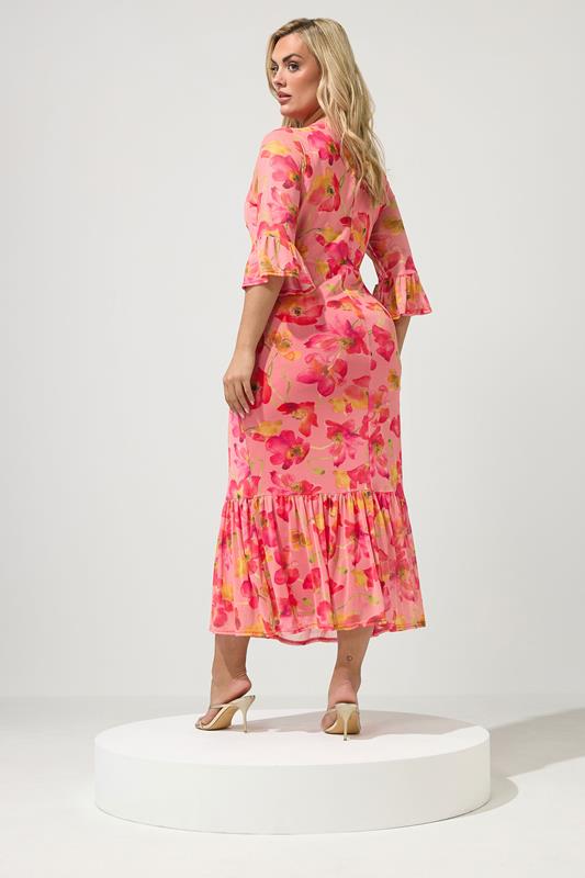 YOURS LONDON Plus Size Pink Floral Mesh Tiered Dress | Yours Clothing 2