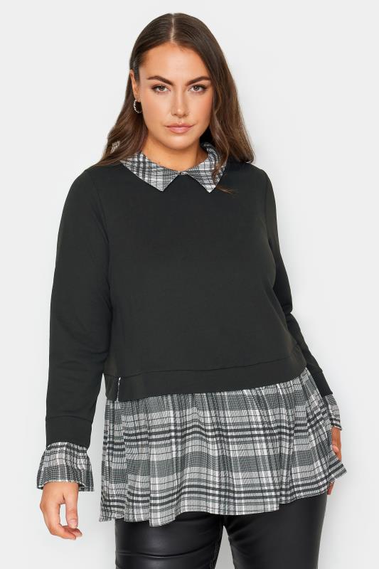 YOURS Plus Size Black Check 2 In 1 Shirt Jumper | Yours Clothing 1