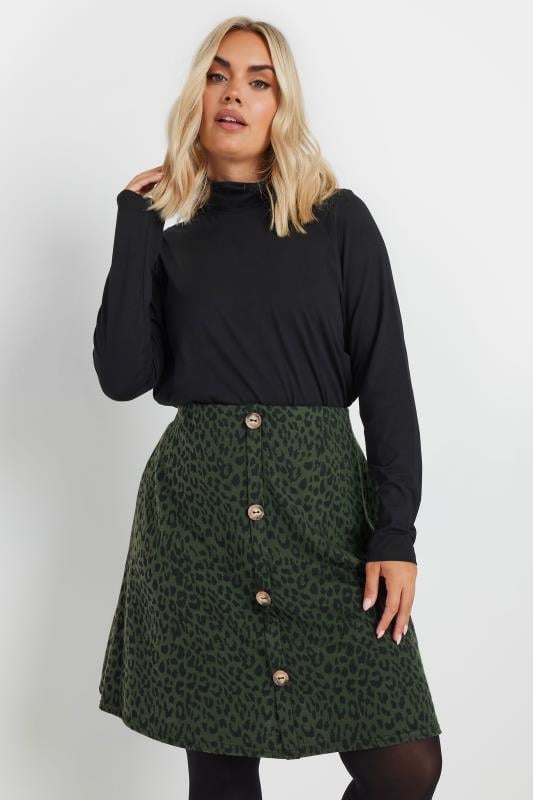  YOURS Curve Green Leopard Print Button Front Skirt