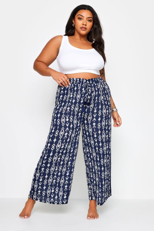 YOURS Plus Size Navy Blue Ikat Print Crinkle Tassel Trousers | Yours Clothing 2