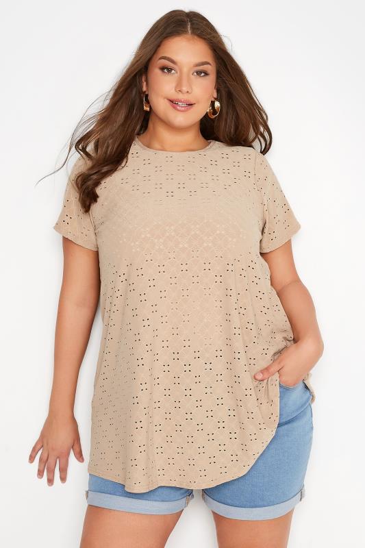 Plus Size  Curve Beige Brown Broderie Anglaise Swing T-Shirt