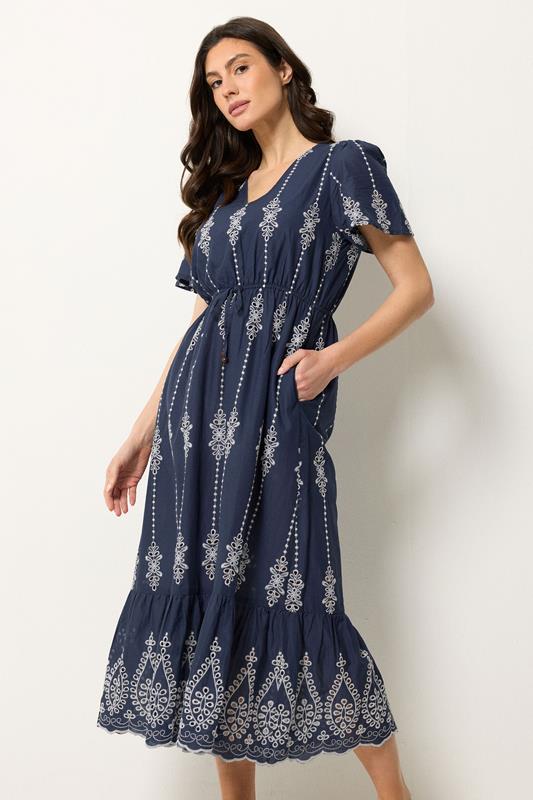 M&Co Navy Blue Broderie Tie Waist Cotton Dress | M&Co 1