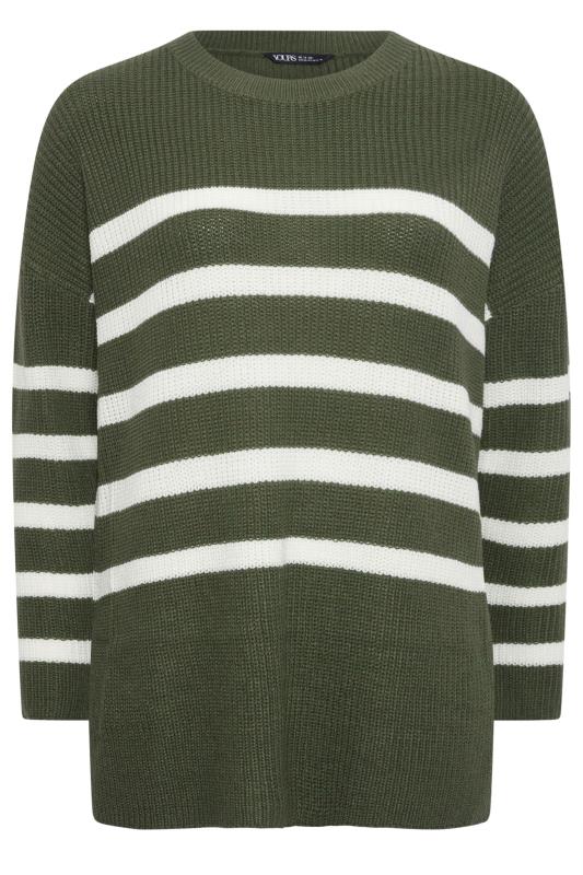 YOURS Plus Size Khaki Green Stripe Side Split Knitted Jumper | Yours Clothing 5