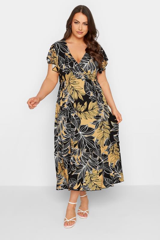 YOURS Plus Size Black & Yellow Floral Print Frill Sleeve Wrap Maxi Dress | Yours Clothing 1