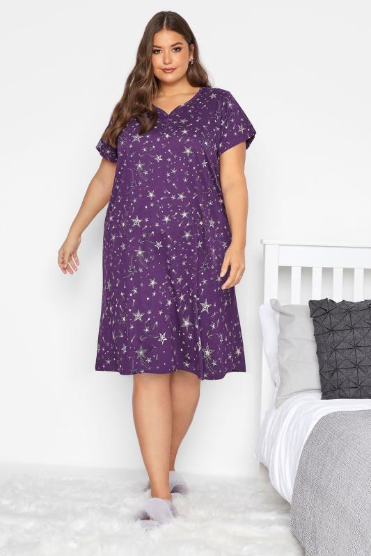 Plus Size  Purple Star Print Placket Nightdress
