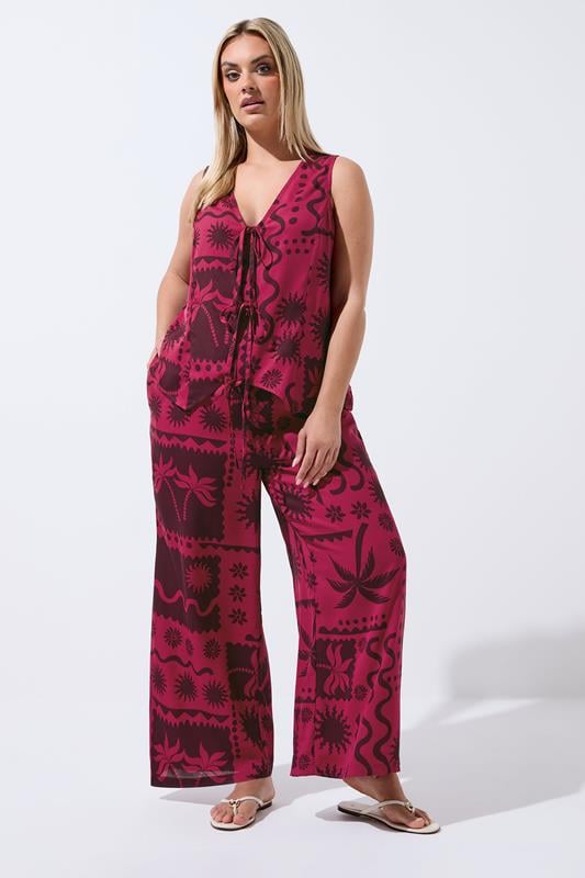 LIMITED COLLECTION Plus Size Berry Red Summer Print Waistcoat | Yours Clothing 1