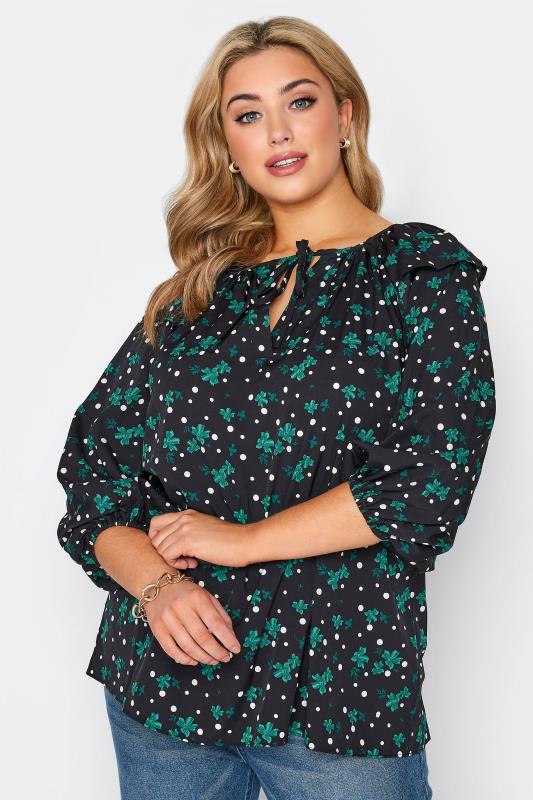 LIMITED COLLECTION Curve Black Floral Spot Puff Sleeve Blouse 1