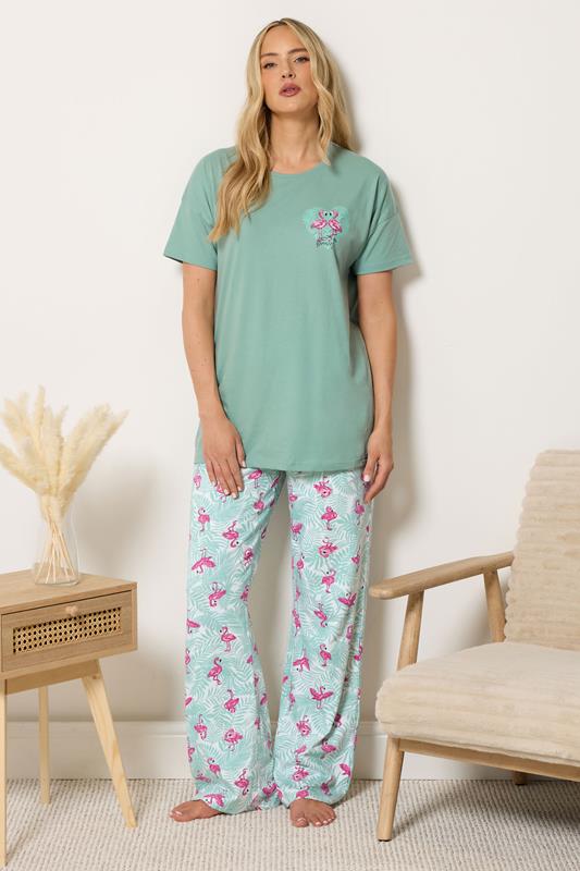  LTS Tall conjunto de pijama de algodón con estampado de flamencos verdes y pantalón ancho 