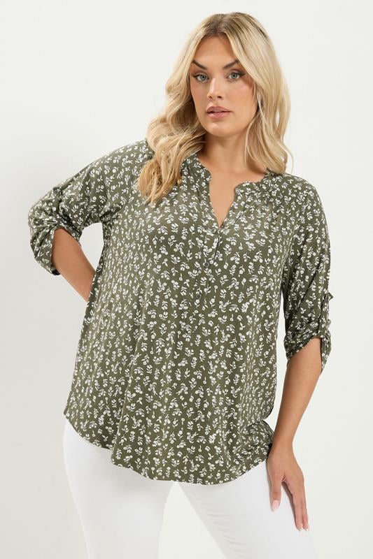  YOURS Curve Khaki Green Ditsy Floral Top