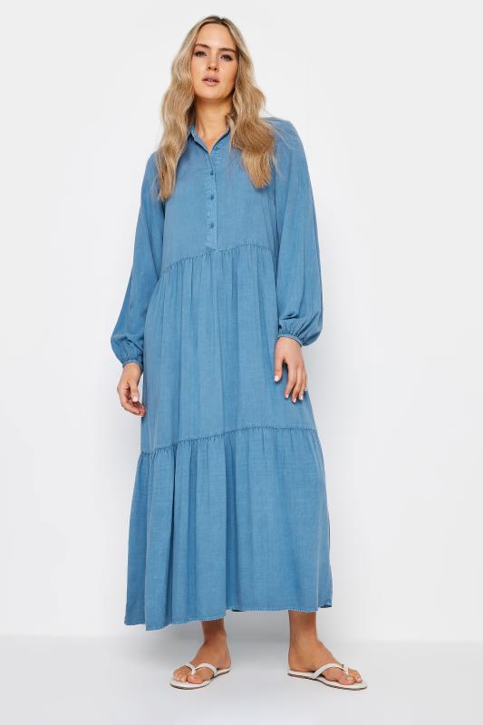 LTS Tall Womens Blue Chambray Tiered Smock Maxi Dress | Long Tall Sally 1