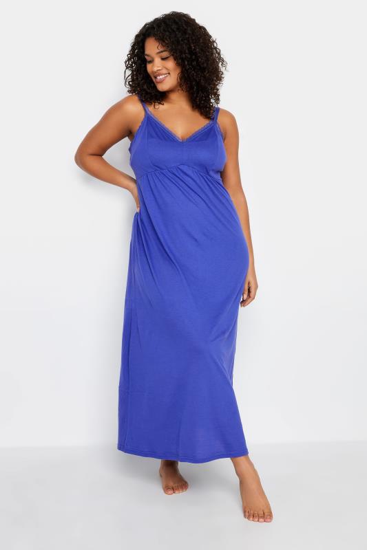Plus Size  Evans Blue Lace Trim Maxi Nightdress
