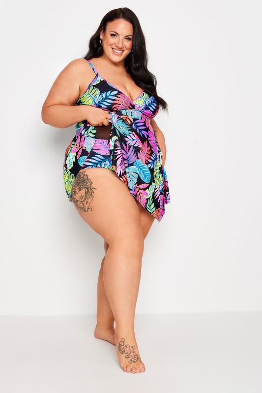 YOURS Plus Size Black Tropical Print Tummy Control Swimdress | Yours Clothing 4
