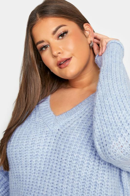 Plus Size Curve Blue V-Neck Knitted Jumper | Yours Clothing  4