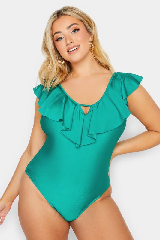 YOURS Plus Size Green Frill Plunge Tummy Control Swimsuit | Yours Clothing  2