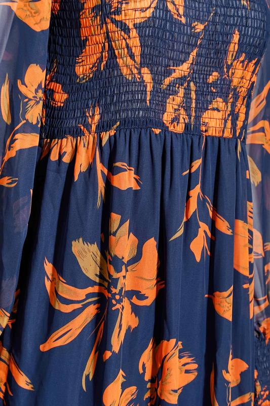 LTS Tall Orange & Navy Blue Floral Long Sleeve Midi Dress 3