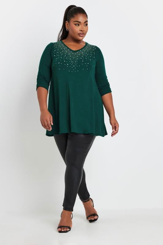 YOURS Plus Size Forest Green Diamante Stud Swing Top | Yours Clothing  2