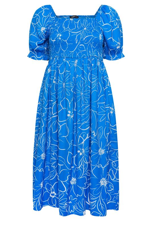YOURS Plus Size Blue Floral Print Shirred Midaxi Dress | Yours Clothing 6