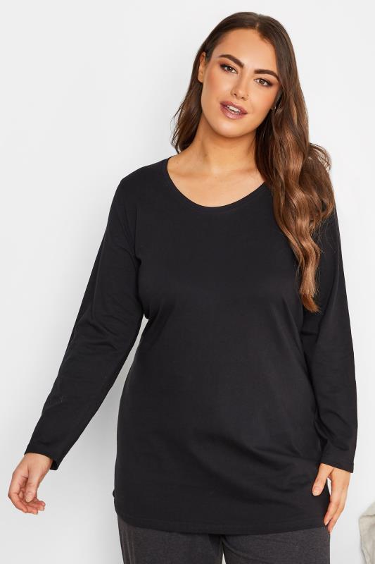 2 PACK Curve Black Long Sleeve Pyjama Tops | Yours Clothing 2