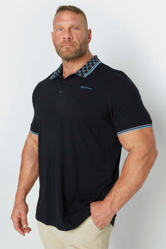 BEN SHERMAN Big & Tall Black Patterned Collar Polo Shirt 1