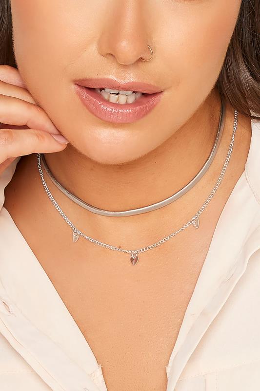 2 PACK Silver Heart Choker Necklace Set | Yours Clothing 1