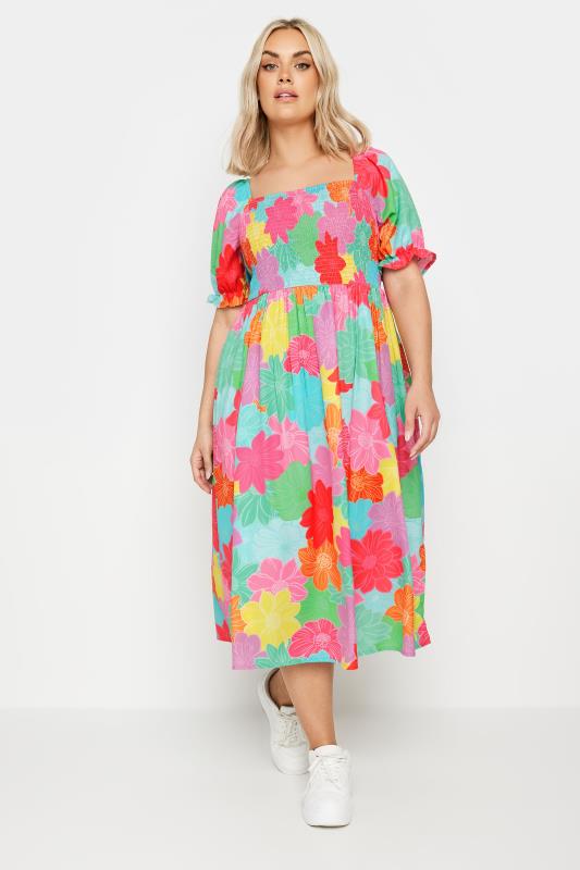 YOURS Plus Size Pink & Blue Floral Print Shirred Midaxi Dress | Yours Clothing 3